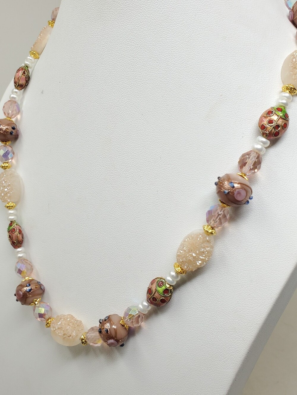 PINK & GREEN CLOISONNE DRUZY LADYBUG NECKLACE - Picture 6 of 8